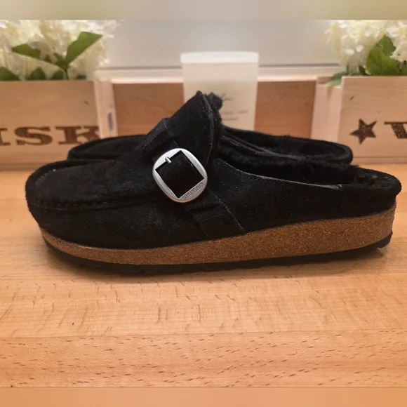 Birkenstock Buckley Shearling Clogs Black Suede Shoes Women's Size 38 - Picture 3 of 8